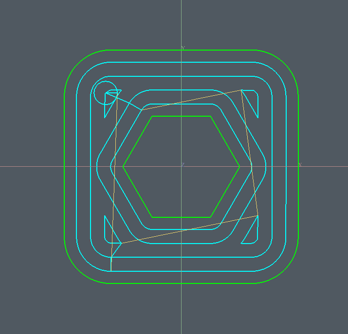 Actual C FOR CAM 2D pocket toolpath with offset passes around a hexagonal island inside a rounded rectangular boundary