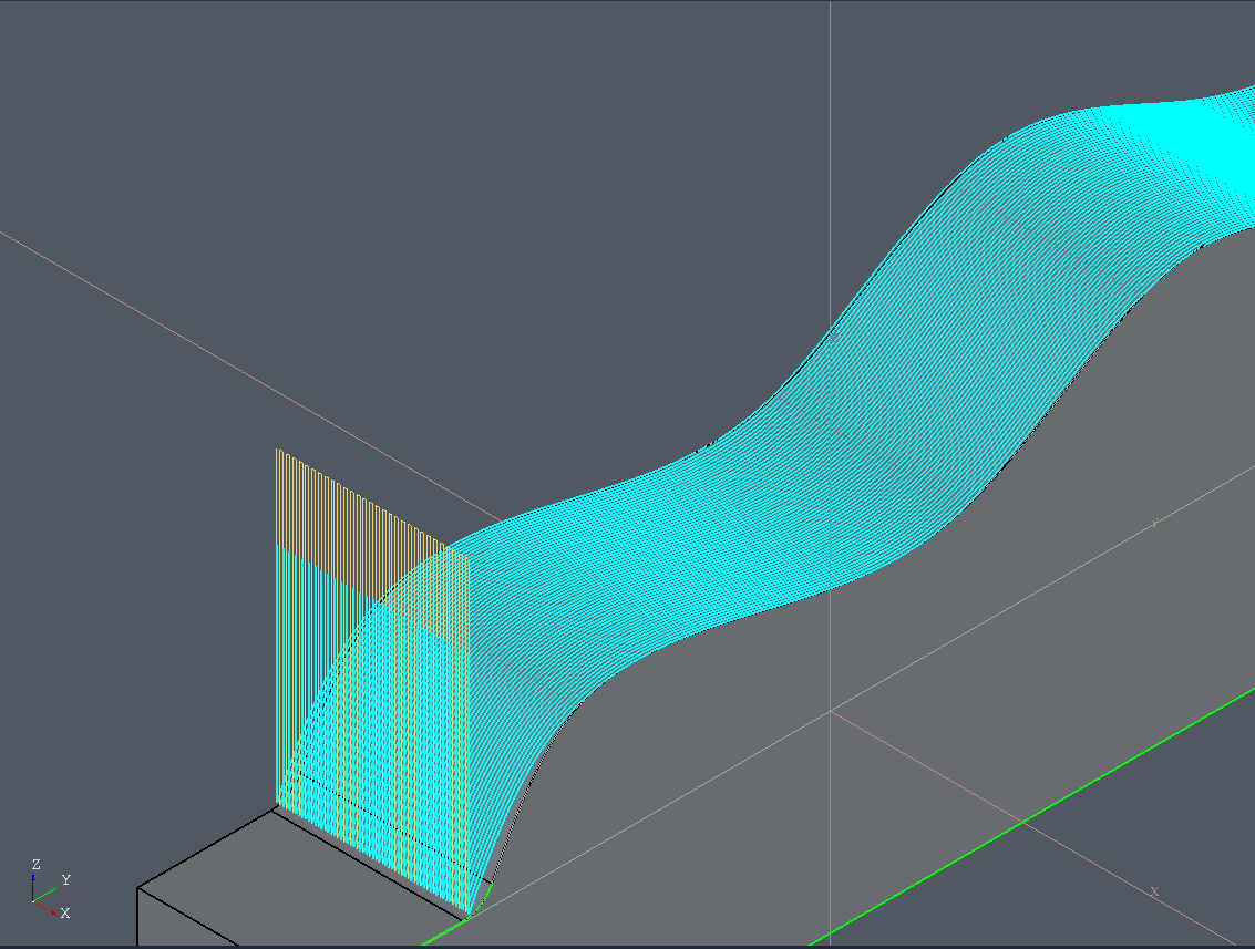 Actual C FOR CAM 3D surface toolpath showing closely spaced cyan machining passes over a curved surface