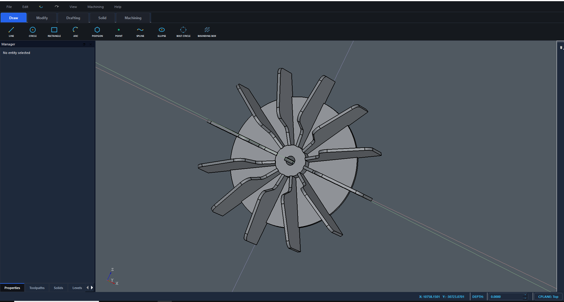 C FOR CAM desktop workspace displaying a complex radial blade model with a central hub